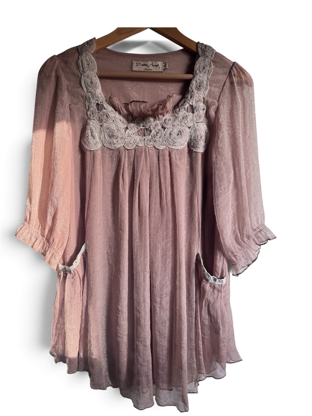Pretty Angel Silk Blend Tunic Top Pink Rosette Boho Fairycore Size M